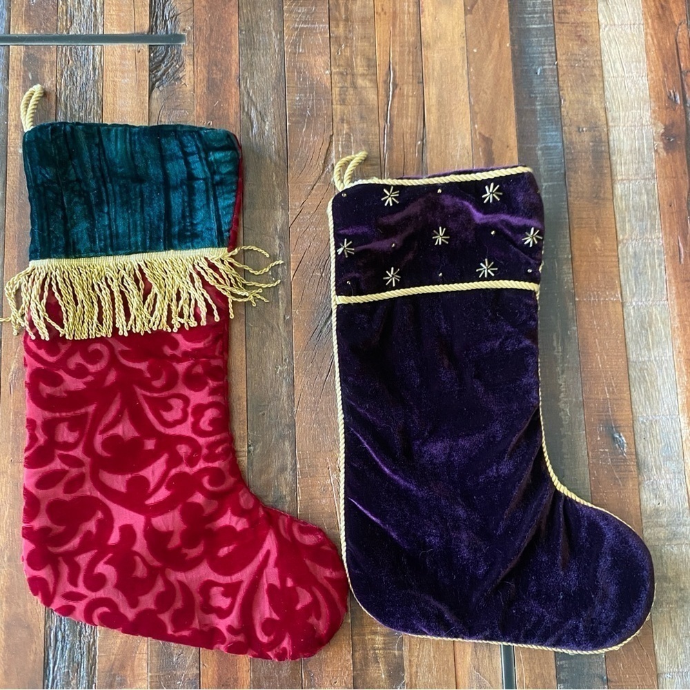 Vintage Velvet & Flocked Velvet Fringe Christmas Stockings - Red and Purple